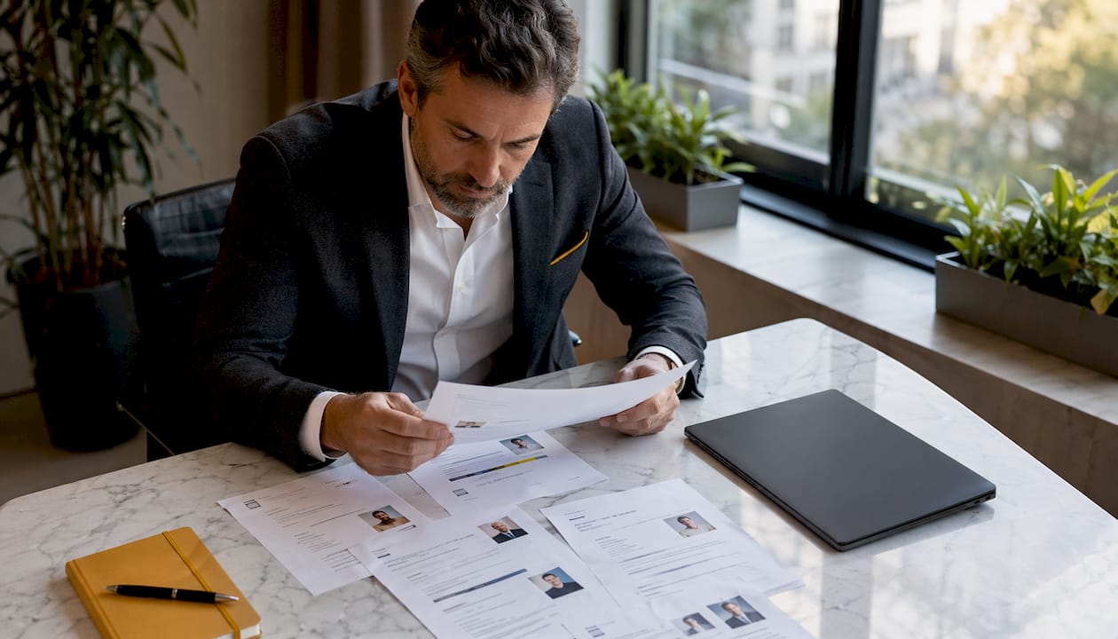 Un recruteur en pleine analyse de CV, installé à son bureau.