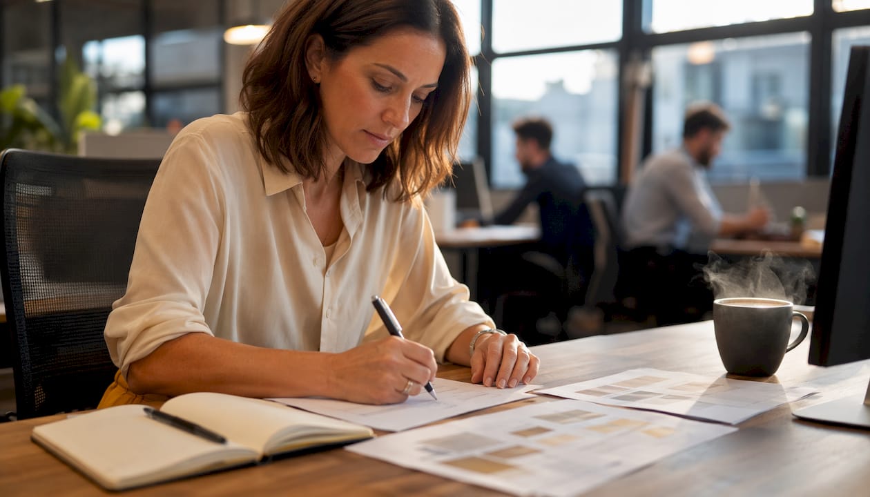 Des mains prennent des notes à partir de dossiers d’analyse de recrutement.