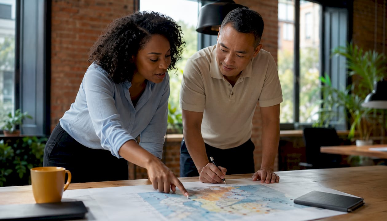 Deux experts analysent ensemble une cartographie du marché dans leur bureau, afin d’affiner leur stratégie.