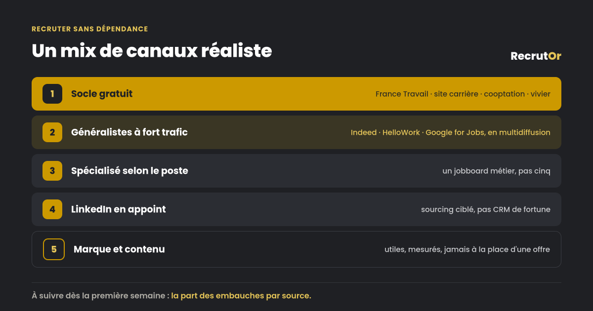 Les 5 étages d'un mix de canaux : socle gratuit, généralistes à fort trafic, spécialisé selon le poste, LinkedIn en appoint, marque et contenu