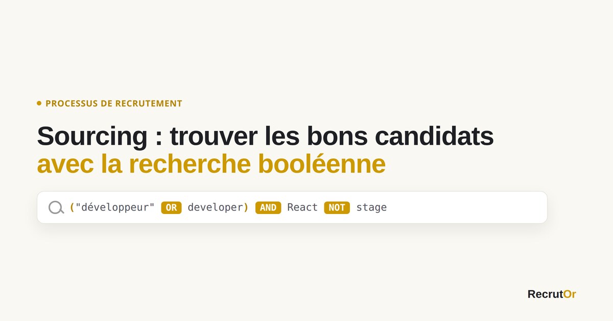 Barre de recherche affichant une requête booléenne : (développeur OR developer) AND React NOT stage