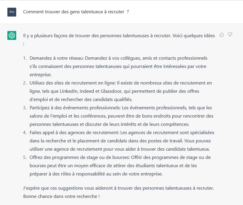 question posée à chatgpt : comment trouver des gens talentueux à recruter  ?