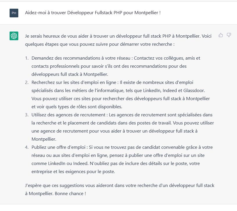 question posée à chatgpt : aidez-moi à trouver Développeur Fullstack PHP pour Montpellier